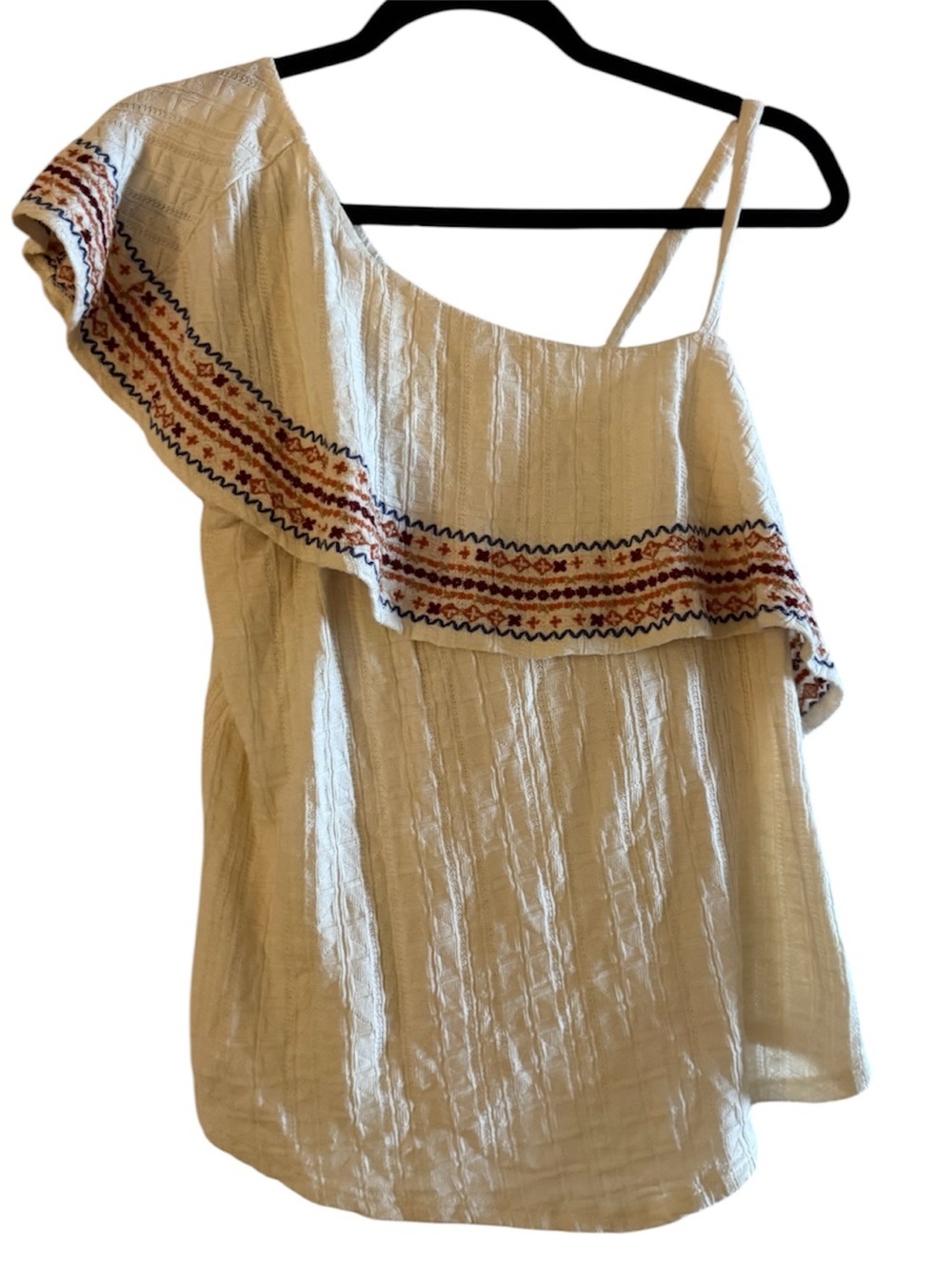 Lucky Brand One-Shoulder Ruffle Embroidered Top